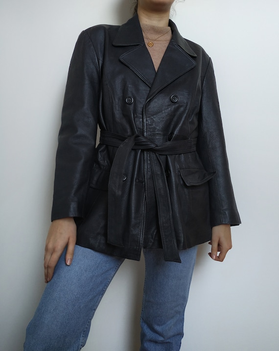 Vintage leather coat black leather button up doubl