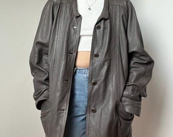 Vintage Grey Leather Coat Women | Size M-L | Genuine Leather Oversized Jacket | 90s Minimalist Leather Coat | Soft Real Leather Outerwear