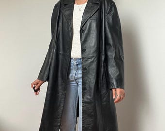 Vintage Black Leather Coat – Size Large - 90s Long Leather Jacket – Minimalist Leather Trench Coat – Classic Leather Overcoat
