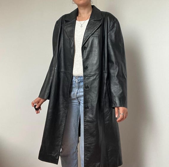 Vintage Black Leather Coat – Size Large - 90s Long Leather Jacket