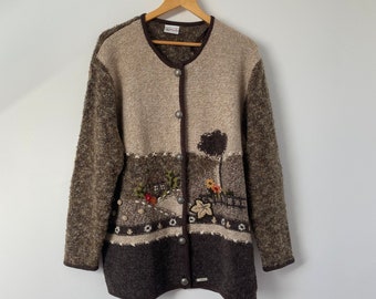 Vintage Strickjacke für Frauen / Größe M-L Neuheit Dorf Garten Landschaft gemustert Braun Popcorn gestrickt