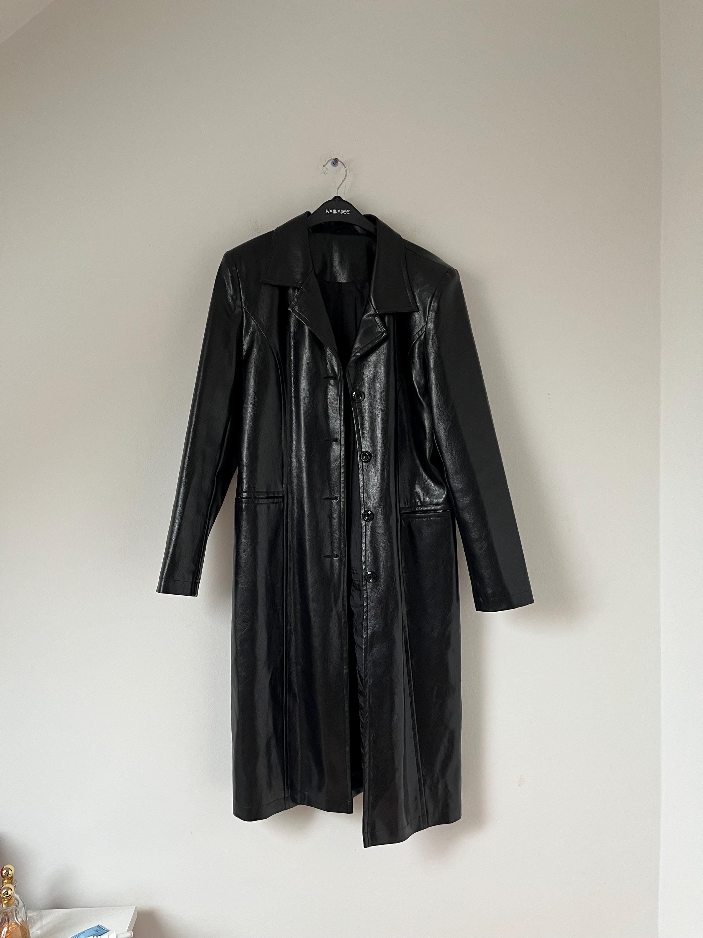 Y2K Vegan Leather Trench Coat - Long Black Faux Leather Matrix