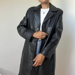 Vintage Black Leather Trench Coat for Women – Size M-L – 1990s Real Leather Jacket Long Leather Coat