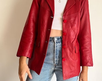 Vintage rood leren jack – maat XS – jaren 90 leren blazer – statement echt leren jas – retro rood leren voorjaarsjack