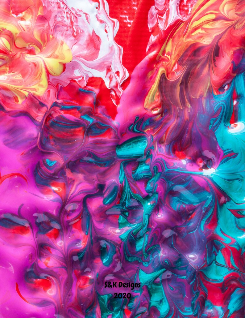 May include: Abstract painting with swirling colors of pink, red, yellow, blue, and teal. The colors are blended together in a fluid and dynamic way, creating a sense of movement and energy. The painting is signed "S&K Designs 2020" in the bottom right corner.