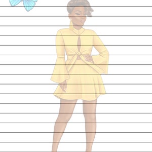 May include: A woman with short brown hair wearing a yellow dress with a tie at the waist. She is standing on a lined background with a blue butterfly in the top left corner.