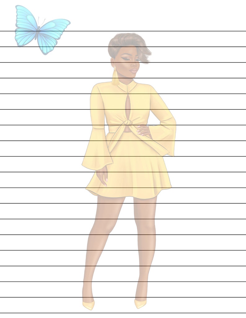 May include: A woman with short brown hair wearing a yellow dress with a tie at the waist. She is standing on a lined background with a blue butterfly in the top left corner.
