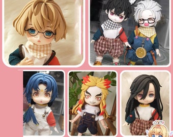 May include: Five custom-made dolls with different hairstyles and outfits. The dolls have painted faces and are made of polymer clay. The dolls are wearing various outfits, including overalls, plaid pants, and a checkered scarf. The dolls are all smiling and have different hair colors, including blonde, blue, black, and red. The dolls are all about 6 inches tall.
