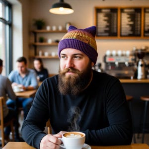 May include: A person wearing a purple, yellow, and brown cat ear beanie with a brown patch. The person is sitting at a table in a coffee shop, holding a white cup of coffee with latte art. The person has a long beard and mustache.