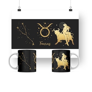 Taurus Zodiac Black Mug Wrap, 11oz And 15oz Sublimation Mug Template, Mug Sublimation Design, Mug PNG Design, Zodiac Mug PNG