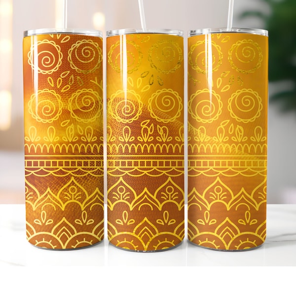 Indian gold with traditional motifs, 20oz Skinny Tumbler Wrap Sublimation Designs for Straight/Tapered Tumbler Wrap Digital Download