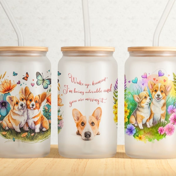 Cute Corgis 16oz Wrap, 16oz Libbey Glass Can Tumbler Sublimation Design, Corgis In Love, Corgi Tumbler, Corgi PNG Water Tracker Design 16oz