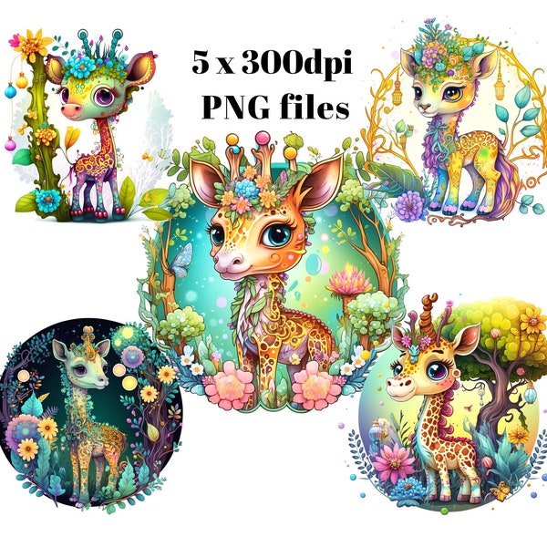 Little Giraffe Princess Clipart Bundle Of 5 x 300 dpi PNG Files Stickers Digital Instant Download Clipart 300DPI PNG Files Instant Download