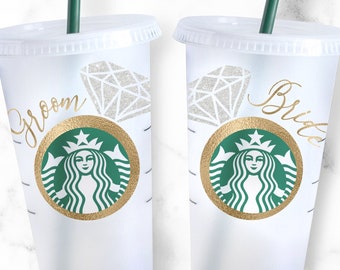 24oz Venti Cold Cup Groom Bride Dimond Rings Designs for Starbucks Cup Svg Png Eps Dxf File Digital Download