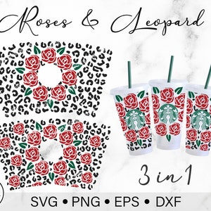 Roses & Leopard Svg full wrap for Starbucks Venti Cold Cup24 oz, Animal Print Svg, Flower Svg image 1