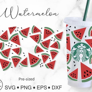 May include: Watermelon-themed design for a reusable cup. The design features a white background with red and green watermelon slices. The text "Watermelon" is at the top of the image. The text "Pre-sized" is below the design. The text "SVG • PNG • EPS • DXF" is below the text "Pre-sized".