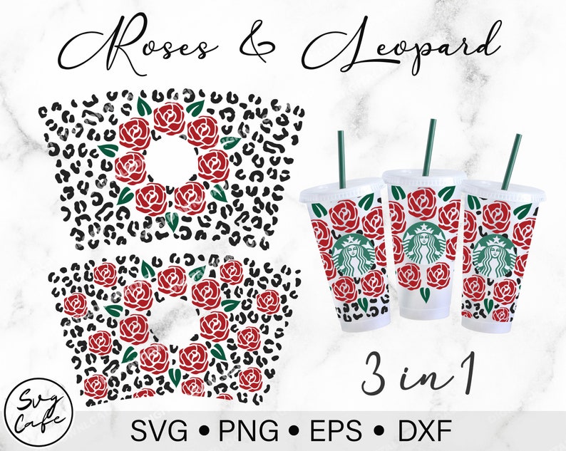 Roses & Leopard Svg full wrap for Starbucks Venti Cold Cup24 oz, Animal Print Svg, Flower Svg image 1