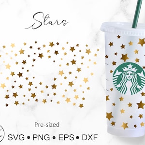 Puede incluir: Un vaso blanco con un patrón de estrellas doradas y el logotipo de Starbucks. El vaso está predimensionado y viene en formatos SVG, PNG, EPS y DXF.