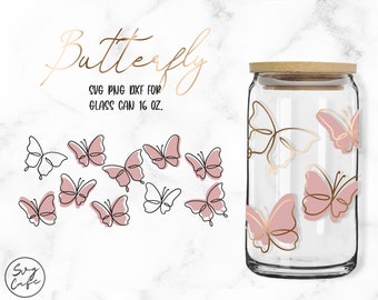Butterfly Line Art • 16oz Glass Can Cutfile, Svg Dxf Png Files Digital Download