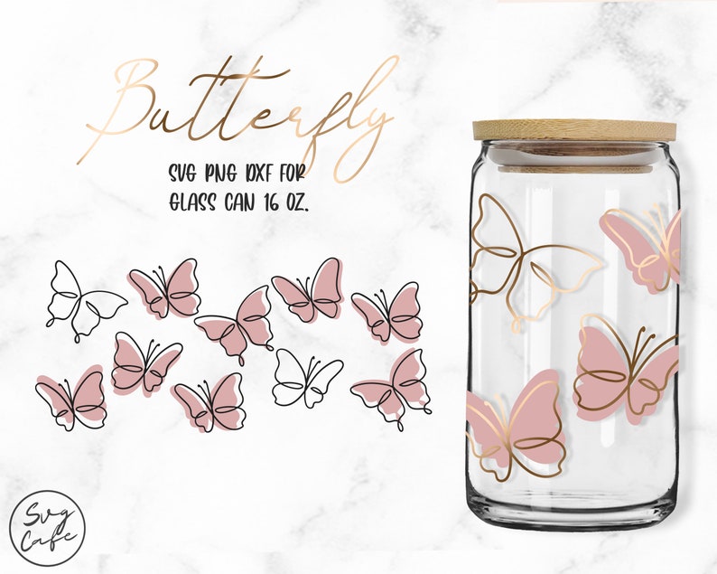 Butterfly Line Art • 16oz Glass Can Cutfile, Svg Dxf Png Files Digital Download 