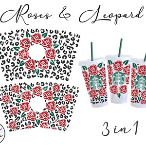 Roses & Leopard Svg full wrap for Starbucks Venti Cold Cup24 oz, Animal Print Svg, Flower Svg image 3