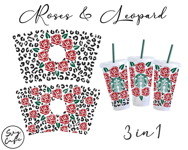 Roses & Leopard Svg full wrap for Starbucks Venti Cold Cup24 oz, Animal Print Svg, Flower Svg image 3