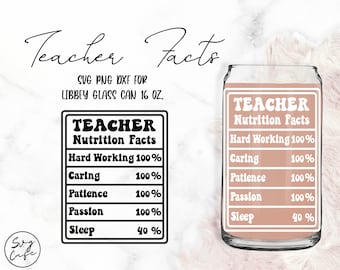 Datos nutricionales para profesores • Archivos de corte de lata de vidrio Libbey de 16 oz, archivos Svg Dxf Png Descarga digital