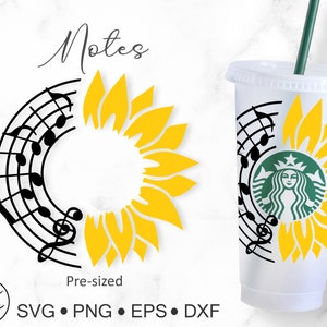 Op de afbeelding: Een digitaal ontwerp met een zonnebloem en muzieknoten. Het ontwerp is vooraf geformatteerd voor een herbruikbaar kopje en bevat de bestandsformaten SVG, PNG, EPS en DXF.