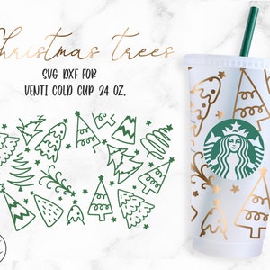 Doodle Christmas Tree • 24oz Venti Cold Cup Cutfile, Svg Dxf Png File Digital Download