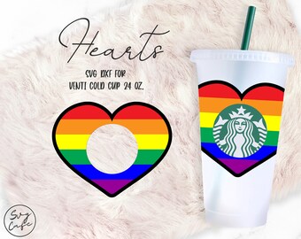 May include: Rainbow heart design with a Starbucks logo inside, for a 24 oz. cold cup. SVG DXF for crafting.