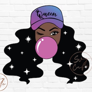 May include: A digital illustration of a woman winking and blowing a bubblegum bubble. She wears a purple and blue gradient baseball cap with the word "Queen" on it. Her long black hair is adorned with white stars.