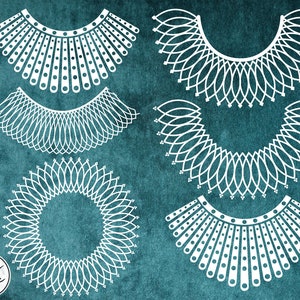 May include: Five different white designs of a RBG collar, a type of necklace, on a teal background. The designs include a scalloped edge, a geometric pattern, and a circle.