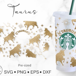 Pu&ograve; includere: Un bicchiere bianco con un design dorato che presenta il segno zodiacale Toro e il logo Starbucks. Il bicchiere &egrave; decorato con stelle dorate e una silhouette di toro dorata.