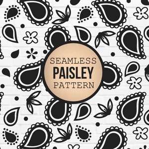 May include: Black and white paisley pattern on a white background. The pattern includes paisley shapes, leaves, and flowers. The text "SEAMLESS PAISLEY PATTERN" is in the center of the image.