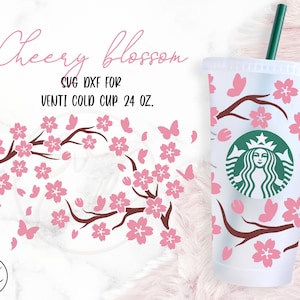 桜の蝶 • 24 オンス ベンティ コールド カップ カットファイル、SVG Dxf PNG ファイル デジタル ダウンロード