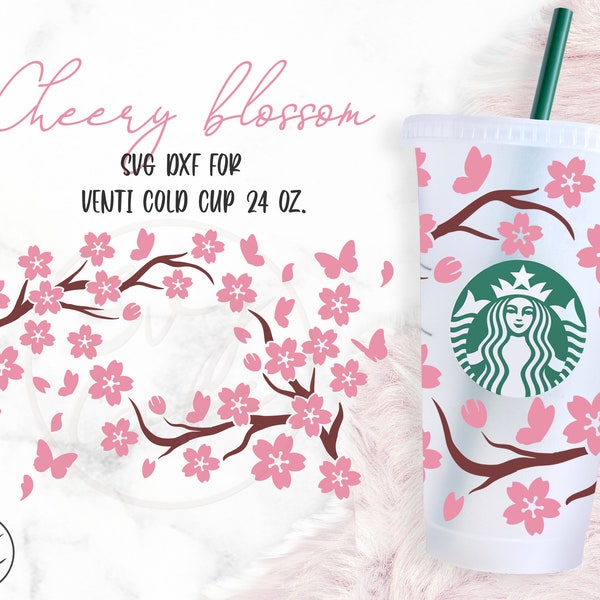 Cherry Blossom Butterfly • 24oz Venti Cold Cup Cutfile, Svg Dxf Png File Digital Download