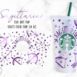 May include: Purple and white Sagittarius themed design for a 24 oz. cold cup. The design features the Sagittarius zodiac symbol, stars, and the word "Sagittarius".