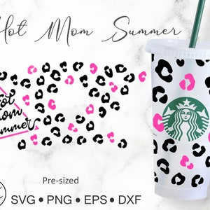 May include: A digital design featuring a black and white leopard print with pink hearts. The design includes the text "Hot Mom Summer" in a pink triangle and a separate design of a tumbler with the same leopard print and pink hearts.