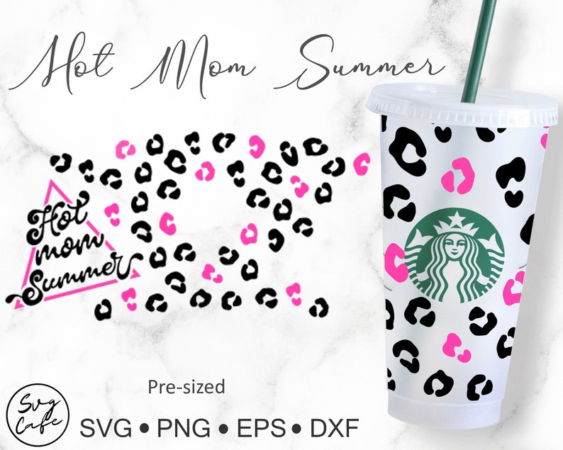 May include: A digital design featuring a black and white leopard print with pink hearts. The design includes the text "Hot Mom Summer" in a pink triangle and a separate design of a tumbler with the same leopard print and pink hearts.