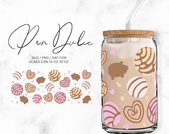 May include: A glass tumbler with a brown wooden lid and a clear straw. The tumbler is decorated with a pattern of pink and brown pan dulce, hearts, and small pigs. The text "Pan Dulce" is written in cursive at the top of the image. The text "SVG/PNG/DXF for Glass Can 16 oz 20 oz" is written below the image of the tumbler.