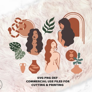 Op de afbeelding: Een set digitale ontwerpen met illustraties van vrouwen, planten en abstracte vormen in boho-stijl. De kleuren zijn voornamelijk bruin, oranje en groen. De tekst "SVG PNG DXF COMMERCIAL USE FILES FOR CUTTING & PRINTING" is in de afbeelding opgenomen.
