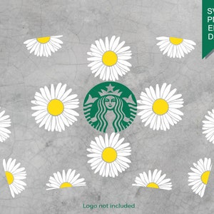 May include: A green Starbucks logo surrounded by white daisies with yellow centres on a grey background. The text "SVG PNG EPS DXF" is in the top right corner of the image.