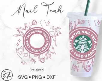 May include: A pink and white reusable cup with a floral design and the text "I'm the nail tech they told you about".