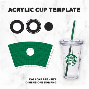 Può includere: Un modello di tazza in acrilico verde con un motivo a griglia e un cerchio ritagliato per un logo. Il modello è per una tazza da 16 oz con una cannuccia. L'immagine include anche tre cerchi, due con contorni neri e un cerchio nero pieno.