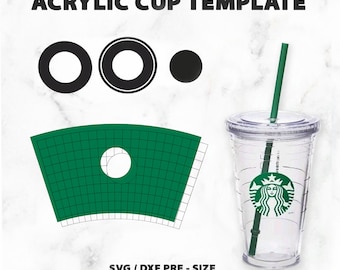 May include: A green acrylic cup template with a grid pattern and a circle cut out for a logo. The template is for a 16 oz cup with a straw. The image also includes three circles, two with black outlines and one solid black circle.