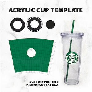 Può includere: Un modello per creare un design personalizzato per una tazza in acrilico. Il modello include una griglia verde con un cerchio ritagliato per il design della tazza e tre cerchi per dimensionare il design. Il testo "SVG/DXF PRE-SIZE DIMENSIONS FOR PNG" è incluso.