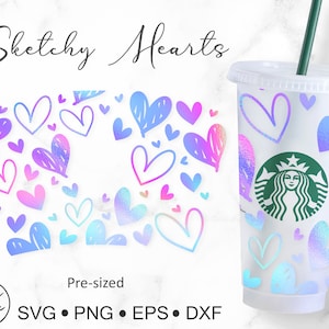 24oz Venti Cold Cup Sketchy Hearts for Starbucks Cup, Svg Dxf Png File Digital Download