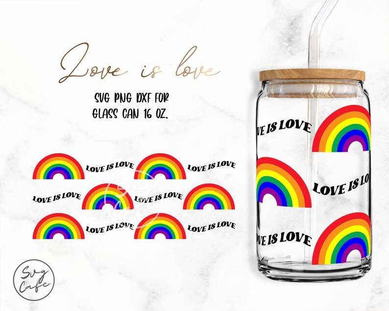 May include: A clear glass tumbler with a wooden lid and a rainbow design. The tumbler has the text "Love is Love" repeated around the side. The tumbler is 16 ounces.