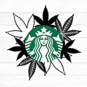 Peut inclure: Un logo Starbucks vert avec une sirène à l'intérieur d'un cercle de feuilles de marijuana noires.