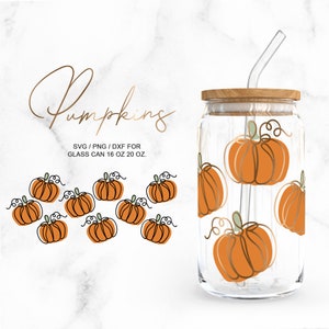 May include: A set of digital cut files featuring hand-drawn pumpkin designs. The designs are perfect for creating custom tumblers, mugs, and other crafts. The text "Pumpkins" and "SVG/PNG/DXF for Glass Can 16 oz 20 oz." is included in the image.